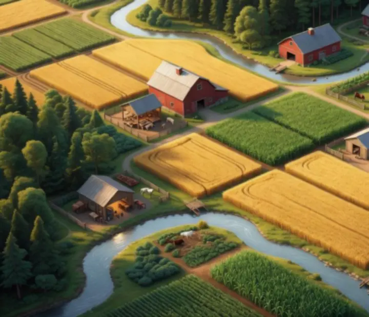 Strategické rozmiestnenie budov na zasneženej farme s lesmi a riekou
