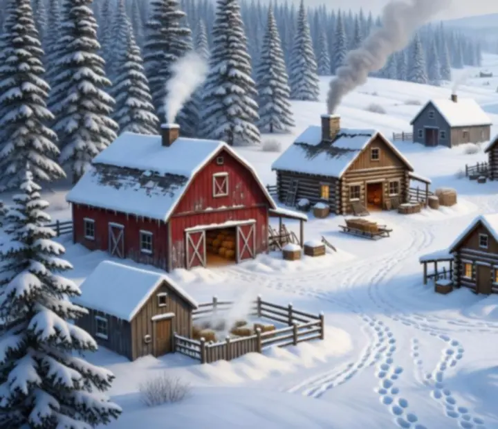 Ilustrovaný prehľad budov na zasneženej farme v štýle Klondike Adventures