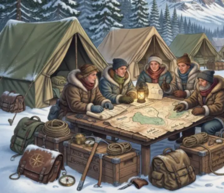 Severný tábor s ohniviskom a expedíciou v zasneženej krajine, inšpirovaný prostredím Klondike Adventures
