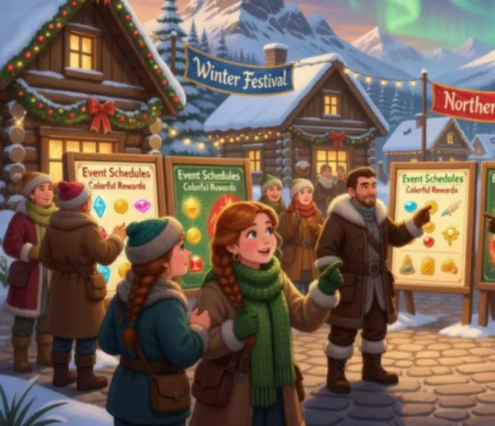 Ilustrovaný prehľad herných udalostí Klondike Adventures – mapa farmy, časovače eventov a ikonky odmien