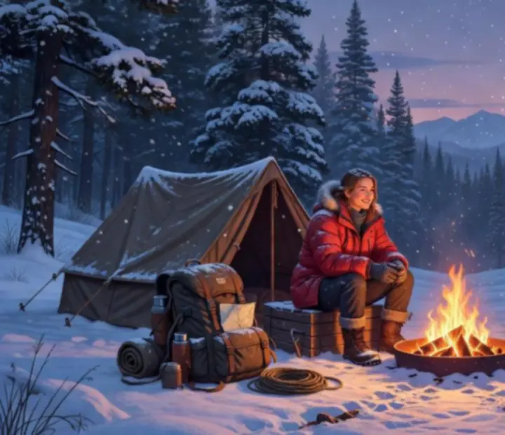 Kate pri táboráku v zimnom expedičnom tábore v štýle Klondike Adventures