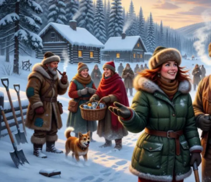 Ilustrované postavy z Klondike Adventures na zasneženej farme
