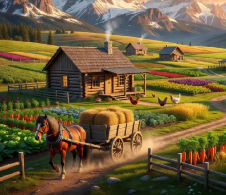 Severná farma v štýle Klondike Adventures so zasneženými horami, poliami a stodolou